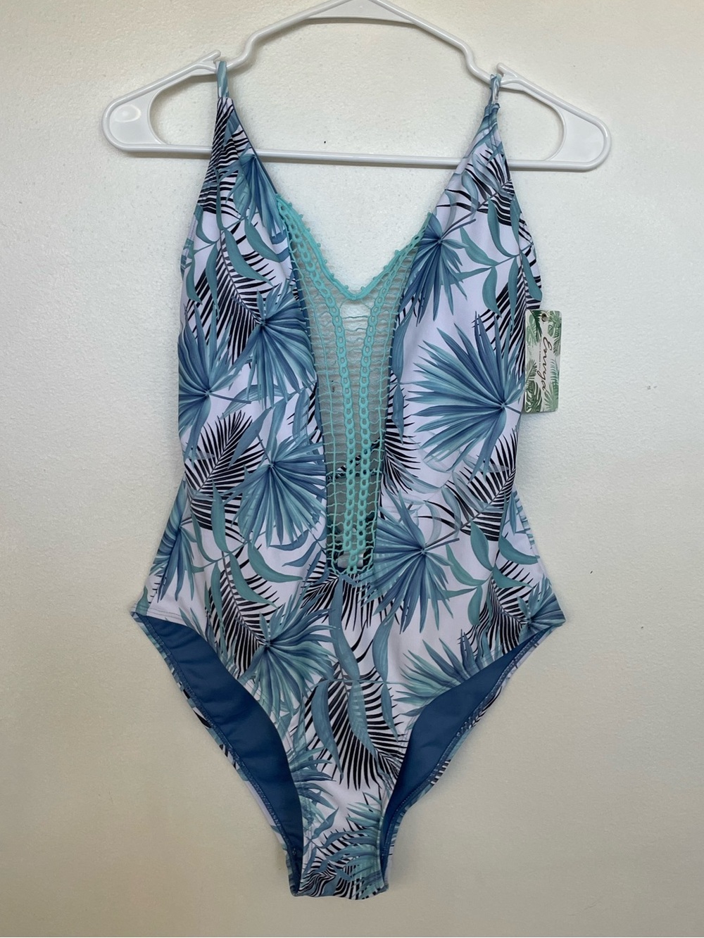Women’s Blue Palm-Print One-Piece Swimsuit with Crochet Trim